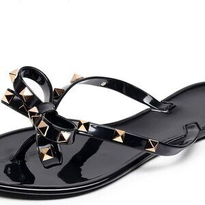 Women’s Black Studded Bow Flip Flops Jelly Sandals 6 Summer Beach Slip On